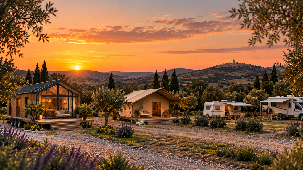 Home rustieke glamping bij zonsondergang